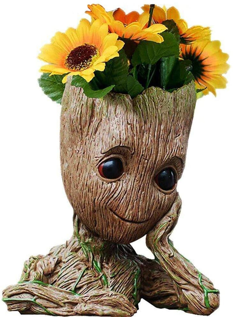 Baby Groot Pen Pot Tree Man Pens Holder or Flower Pot with Drainage Hole Perfect for a Tiny Succulents Plants 6" (Grayish Brown)